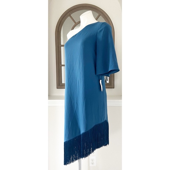 Trina Turk Gull One-Shoulder Asymmetric Fringed Dress in Denim, Size S New w/Tag - Picture 10 of 13